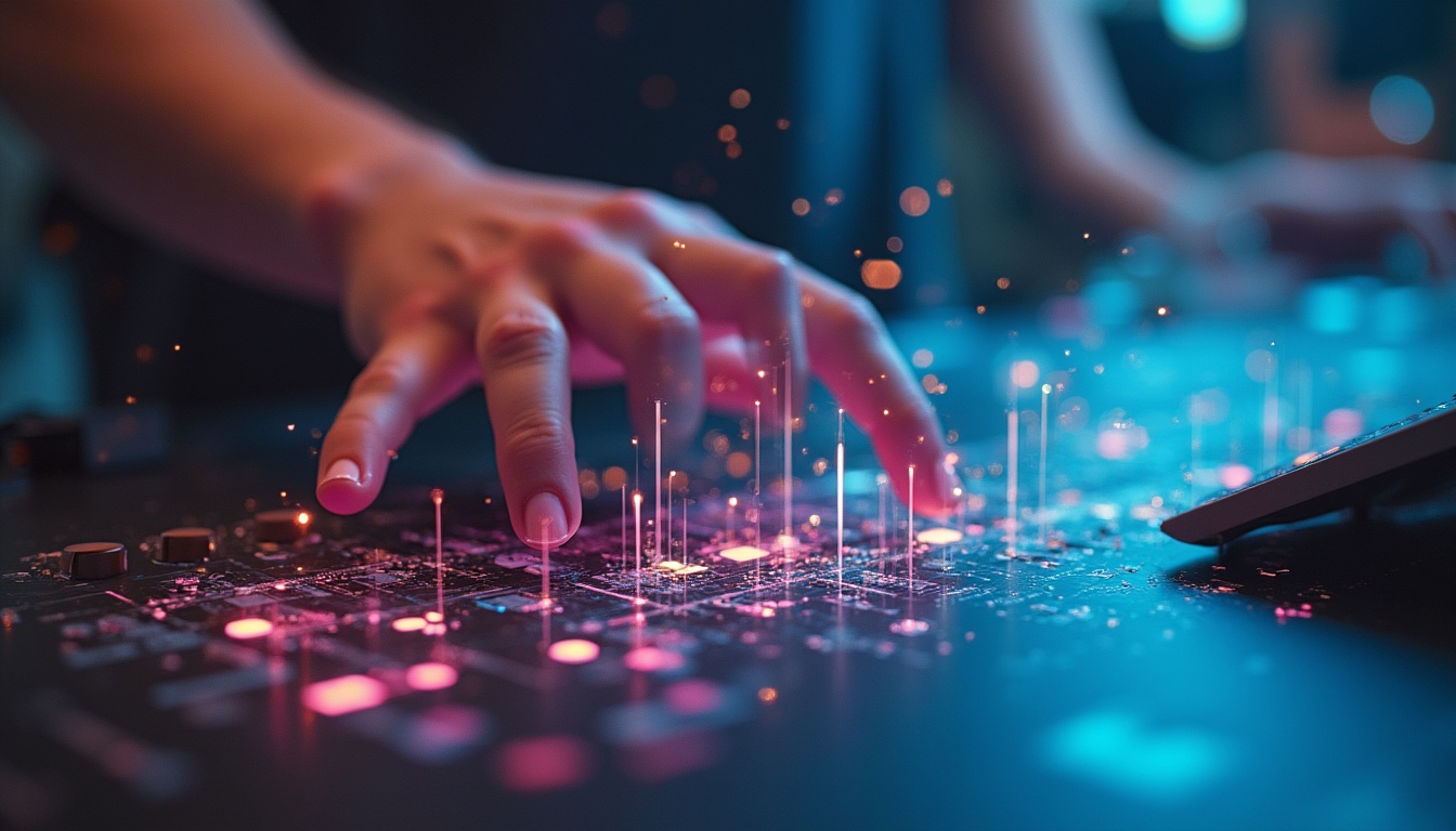 Un editor video lucrează la un proiect de editare video futurist în 2026, cu interfețe holografice și unelte AI.