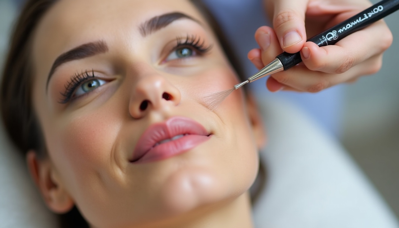 O mireasă zâmbitoare, cu machiaj permanent impecabil, pregătită pentru ziua nunții.