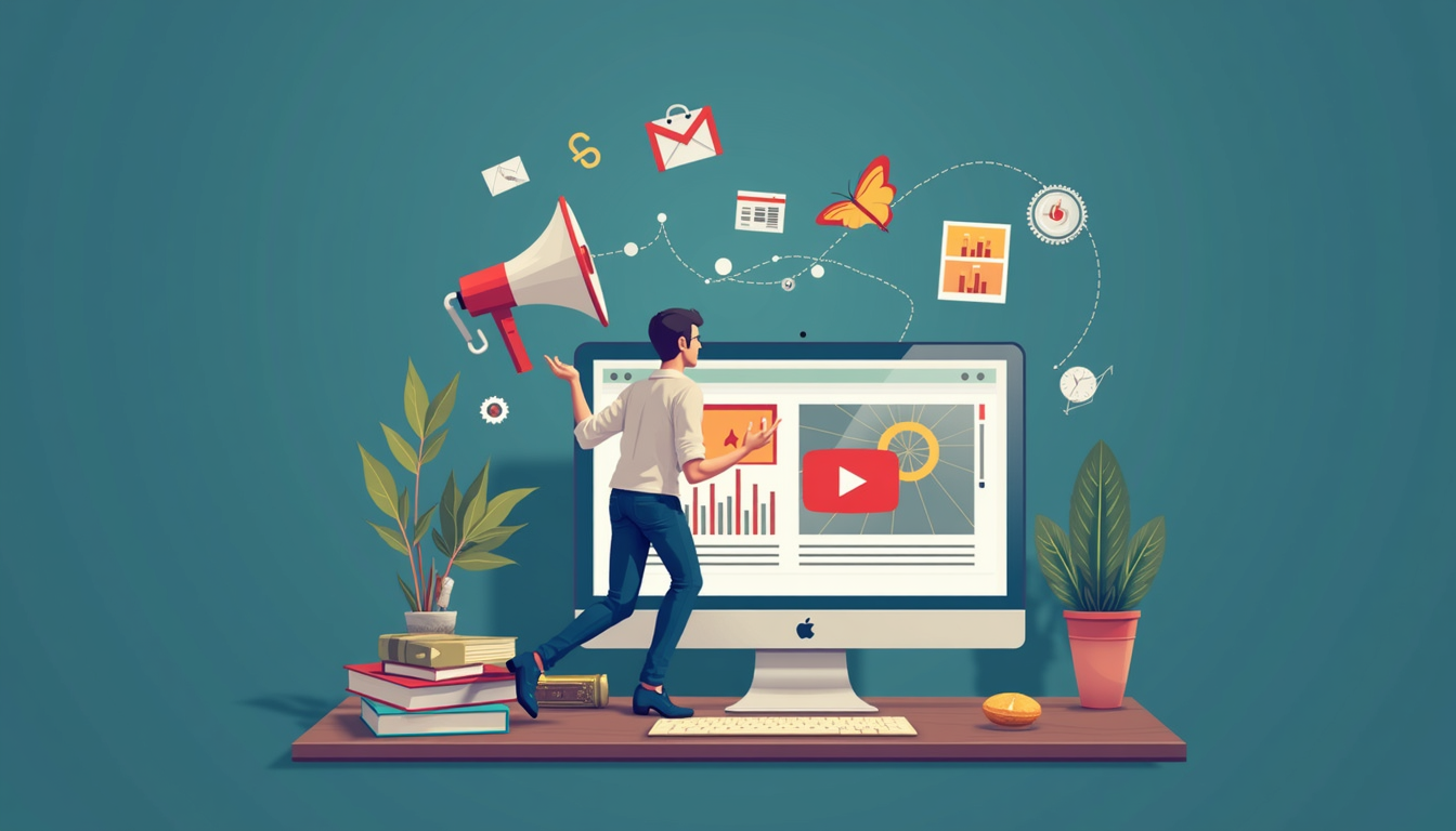 Ilustrație cu elemente de design web și echipament video, reprezentând un site de firmă video de succes.